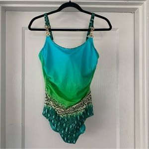 South Beach Swimsuits Womens 14 B Cup Lime Green Blue Animal Print Opera Swim